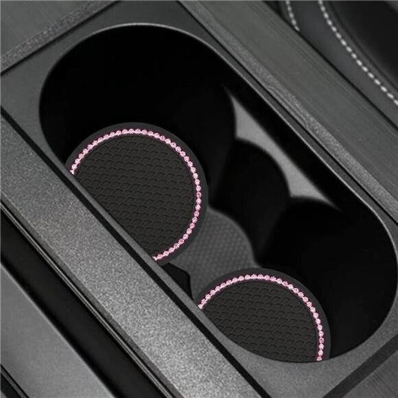 Car Cup Coaster Pink Black Bling Vehicle 2 Pack Rhinestone Universal Insert - Picture 2 of 4
